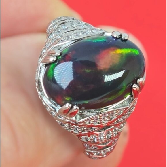 925 Sterling Silver Ring SZ 6.5 with Natural Black Opal & Cz